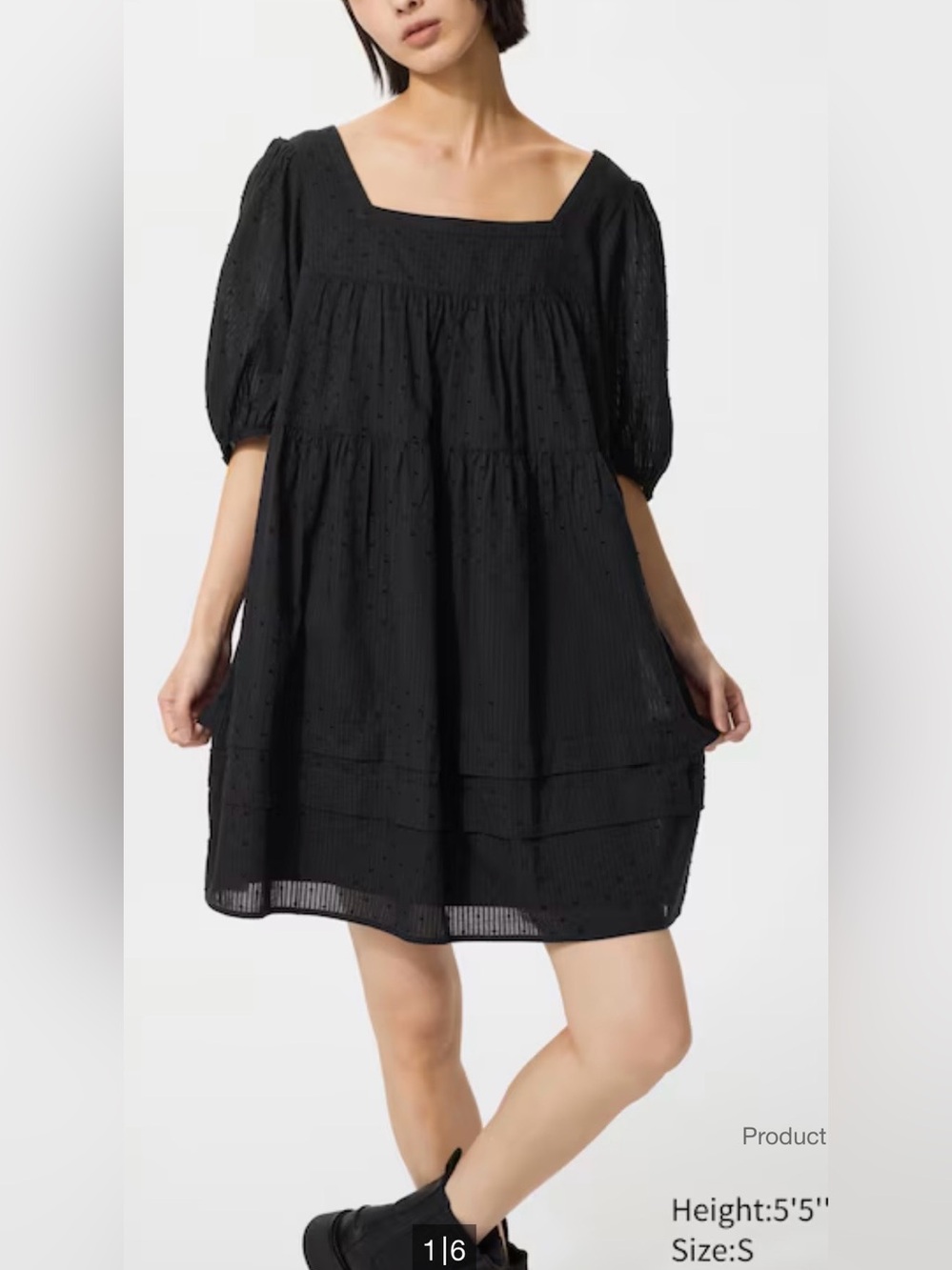 NWOT Uniqlo Women’s Cotton Dobby Mini Dress Tiered w. Square-Neck - Black - M